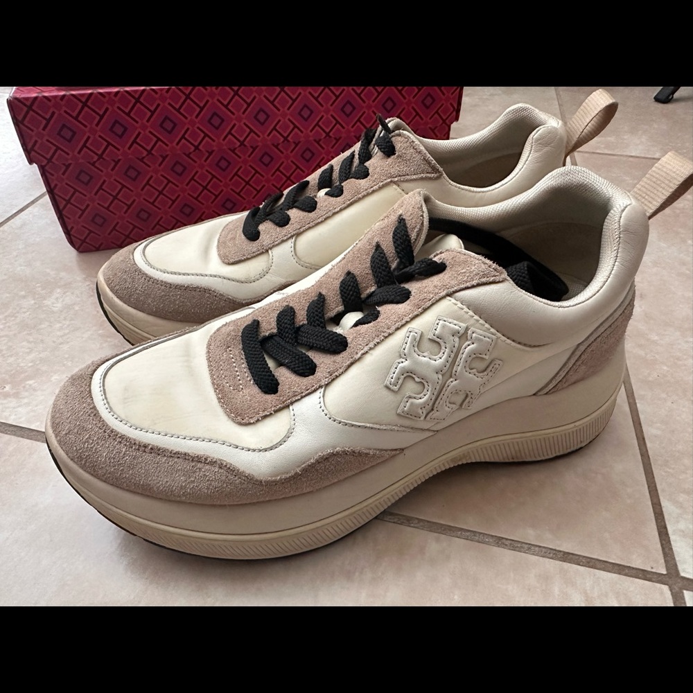 Tory Burch Platform Sneakers Ivory Suede Leather Trainer Size 9